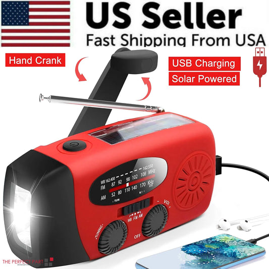 Hand crank solar emergency radio and power bank – view 1