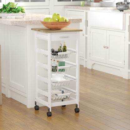 Rolling kitchen cart with wire baskets and drawer – view 1