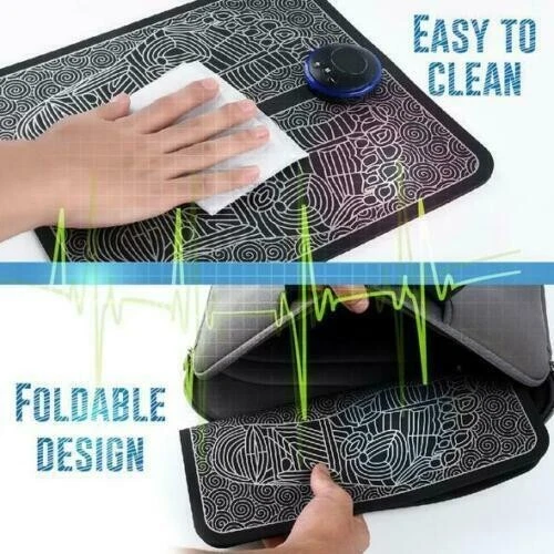 Portable EMS foot massager mat rolled up for travel