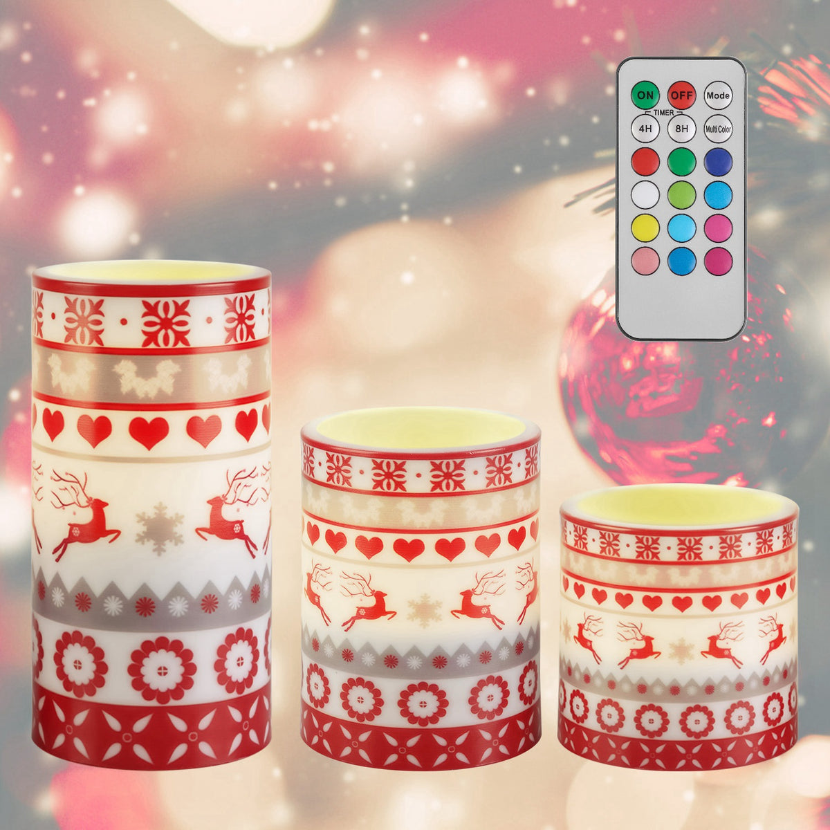 Rolvik 3-pack red Christmas flameless LED candles with reindeer design