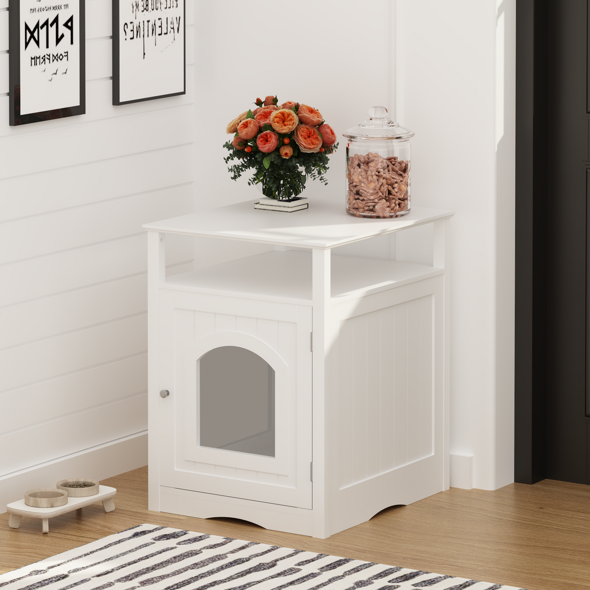Hidden litter box furniture in a living room