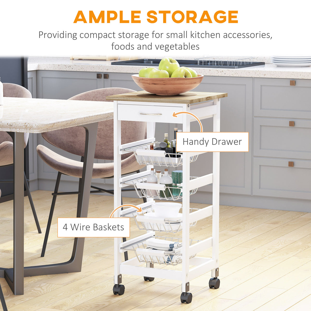 Rolling kitchen cart with wire baskets and drawer – view 3