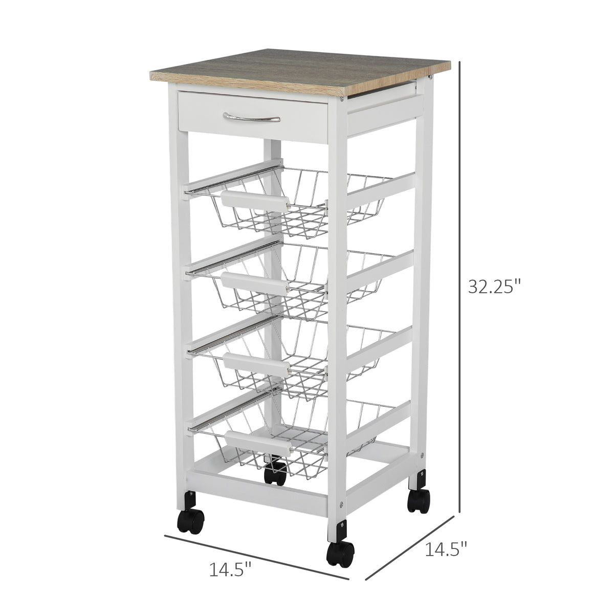 Rolling kitchen cart with wire baskets and drawer – view 2