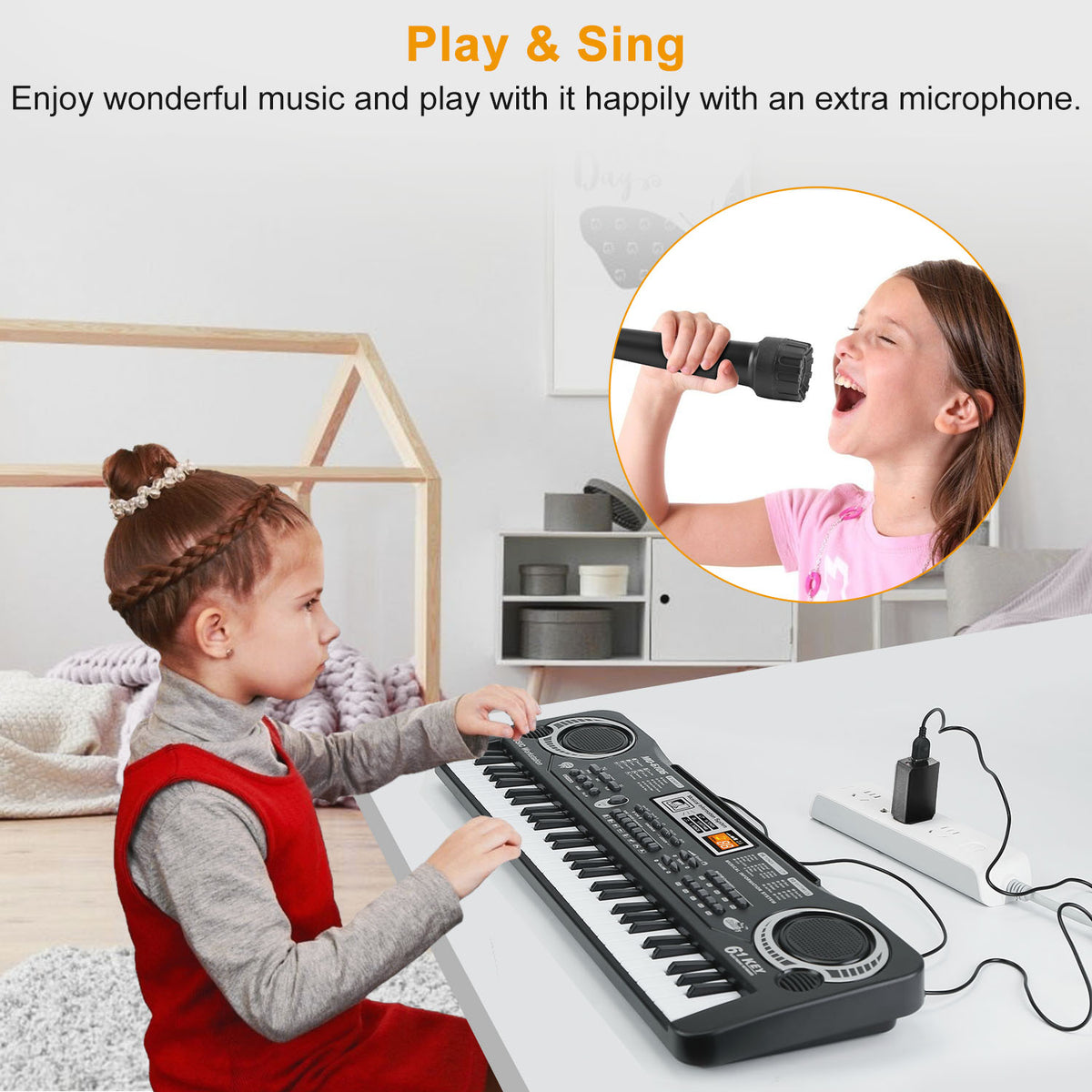 61-key keyboard powered by adapter, USB or batteries