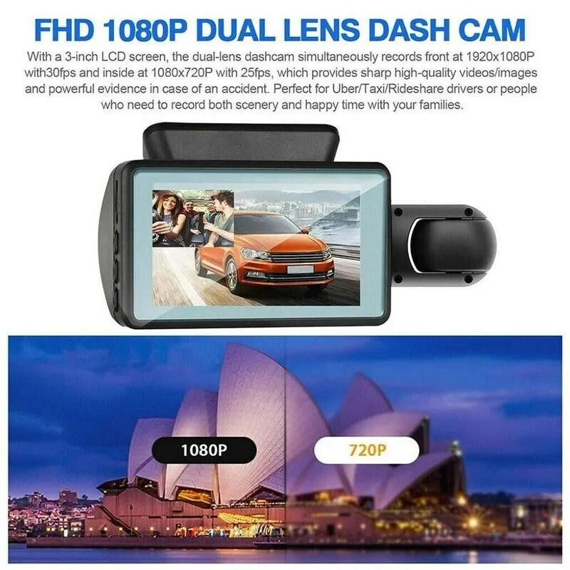 Dual lens dash cam recording outside view and inside cabin view at the same time