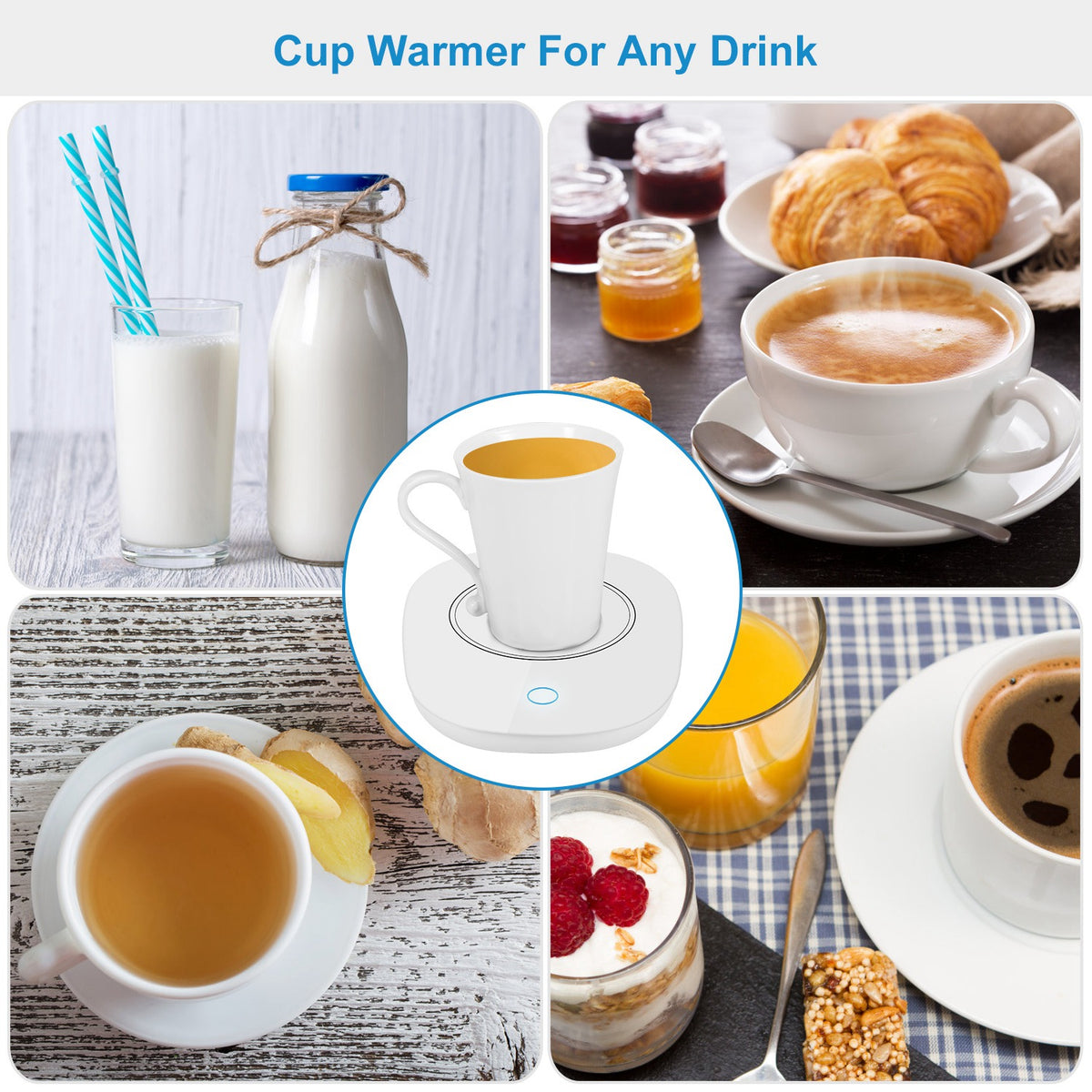 Coffee mug warmer with non-skid feet and manual switch