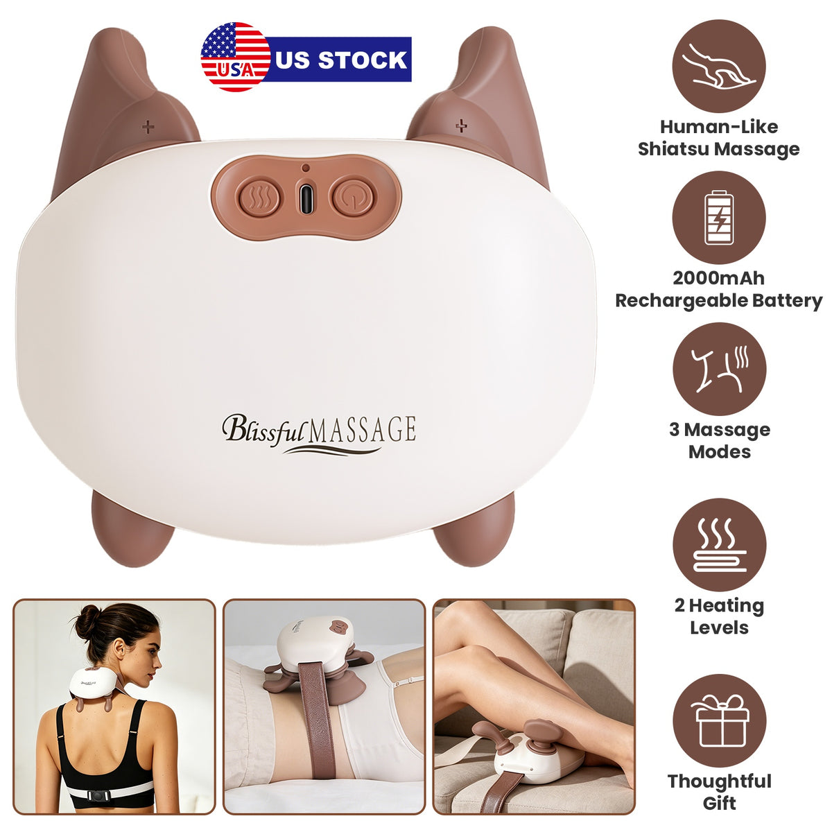 Cordless neck massager with 3 intensity modes