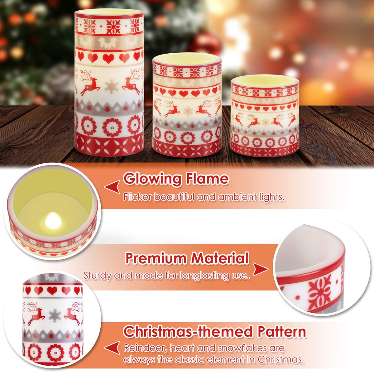 Reindeer heart and snowflake pattern on flameless candles