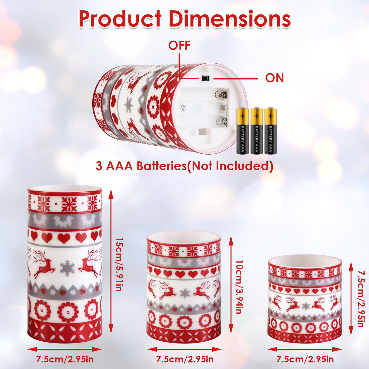 Flameless LED pillar candles in three sizes on a Christmas mantel