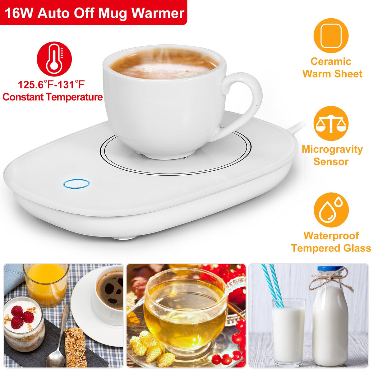 Rolvik white coffee mug warmer with auto shut-off heating a cup on a desk