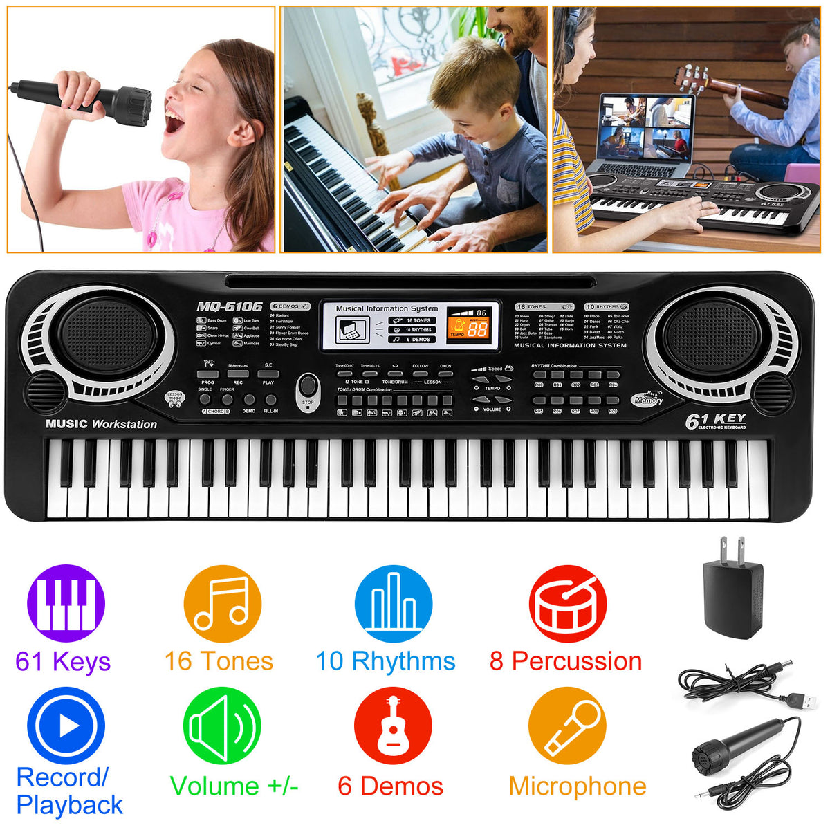 Rolvik black 61-key digital piano keyboard with microphone